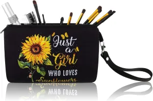 Sunflower Gifts Bag for Women Just a Lady Who Loves Sunflowers Cosmetic Bag Makeup Pouch Purse with Zipper Pencil Travel Supplies