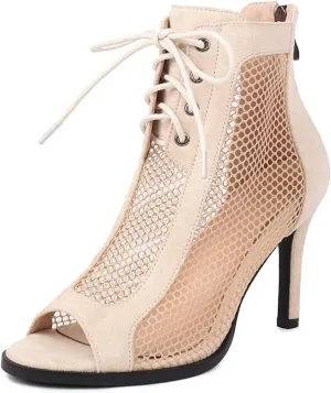 SWDZM Womens Open Toe Latin Dance Boots Salsa Tango Performance Practice Ballroom Lace-up Ankle Dance Shoes,Model DS970