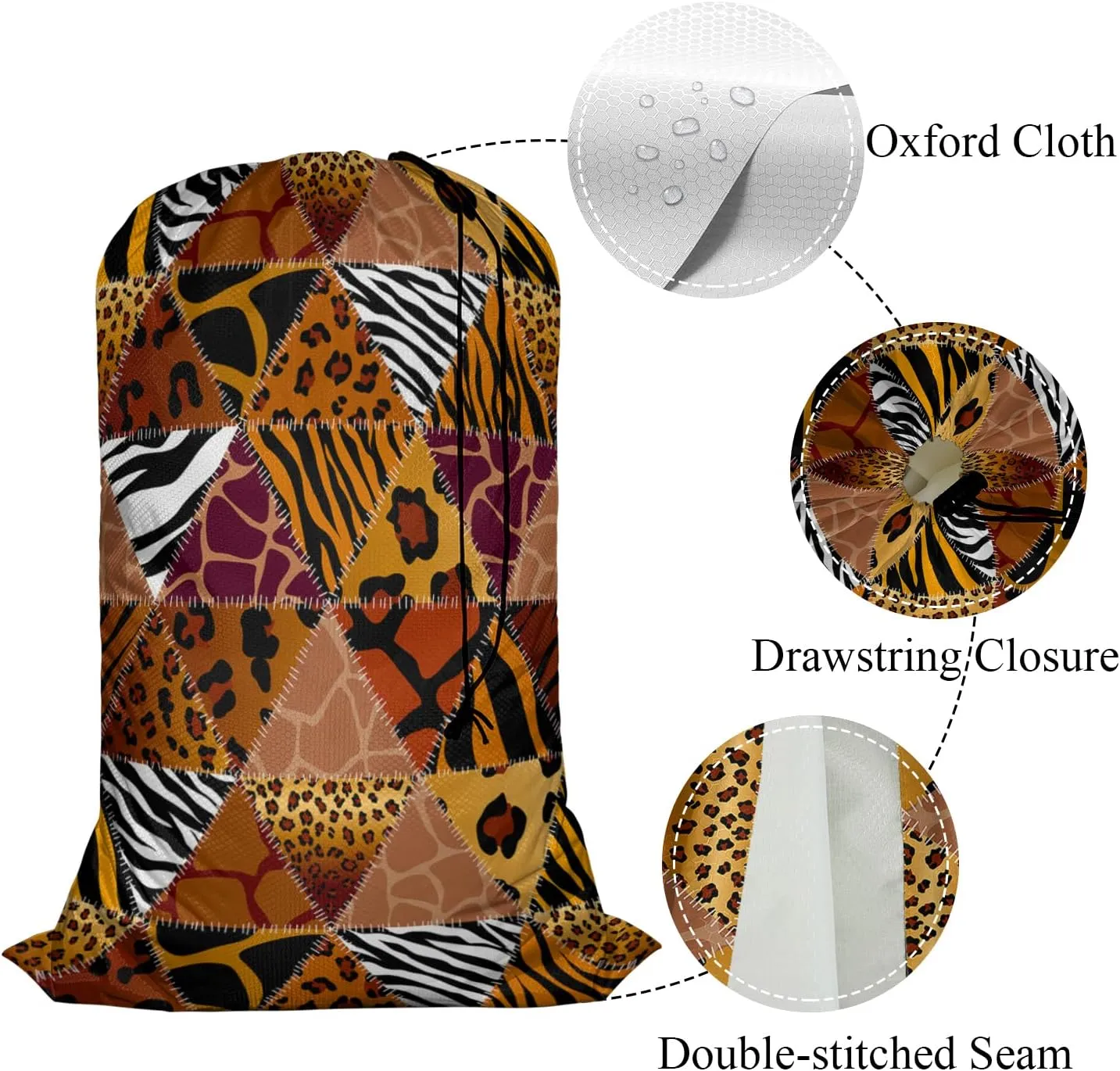 Swono Animal Print Laundry Bag with Drawstring Closure, Foldable, Lightweight, 28" X 40" Patchwork Pattern of Animal Skin Fur Design Packable Dirty Clothes Pouch for Home Camp Road Trip Cruise Gym