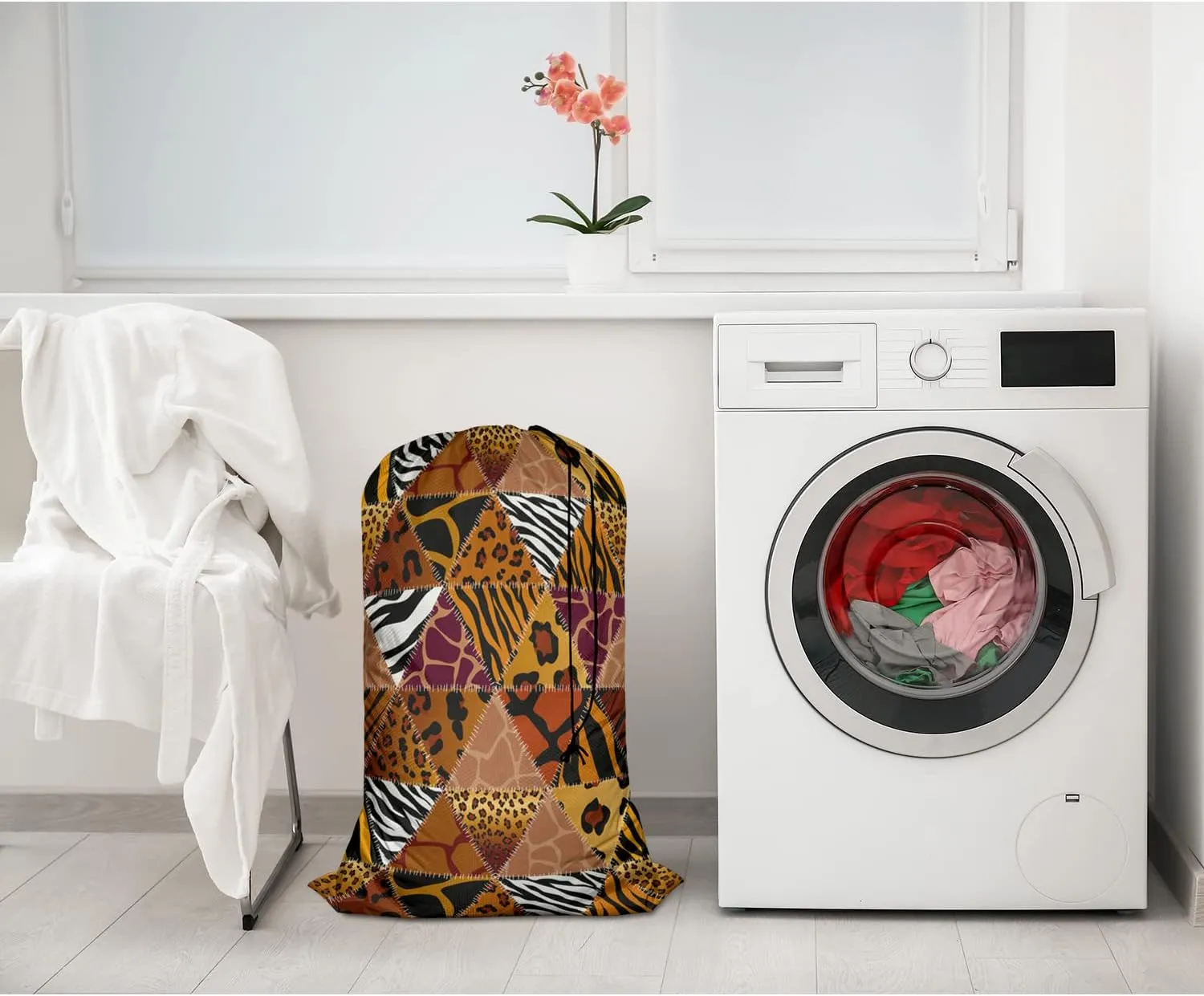 Swono Animal Print Laundry Bag with Drawstring Closure, Foldable, Lightweight, 28" X 40" Patchwork Pattern of Animal Skin Fur Design Packable Dirty Clothes Pouch for Home Camp Road Trip Cruise Gym