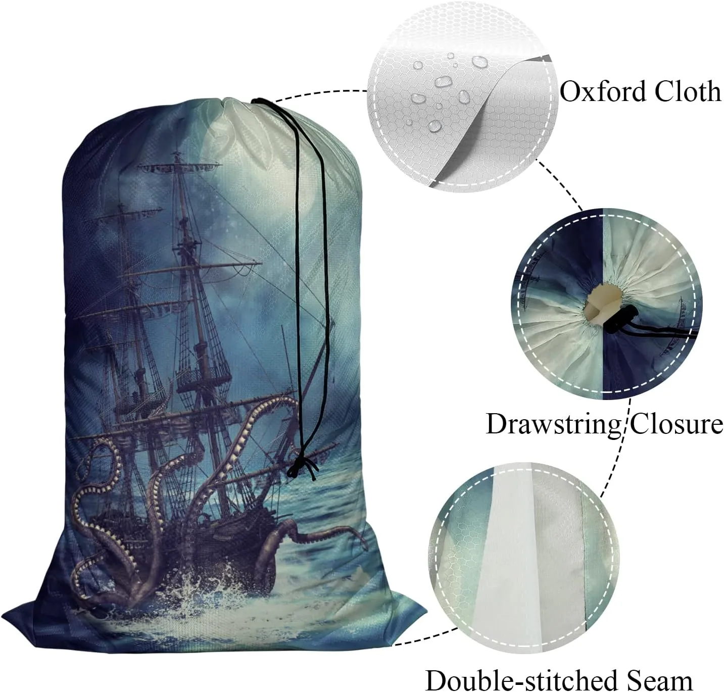 Swono Octopus Drawstring Closure Dirty Clothes Bag Organizer, Heavy Duty Large Laundry Bag, Sailboat Ocean Kraken Night Scene Rip-Stop Bags for Camp Travel, Oxford Cloth Machine Washable, Pirate Ship