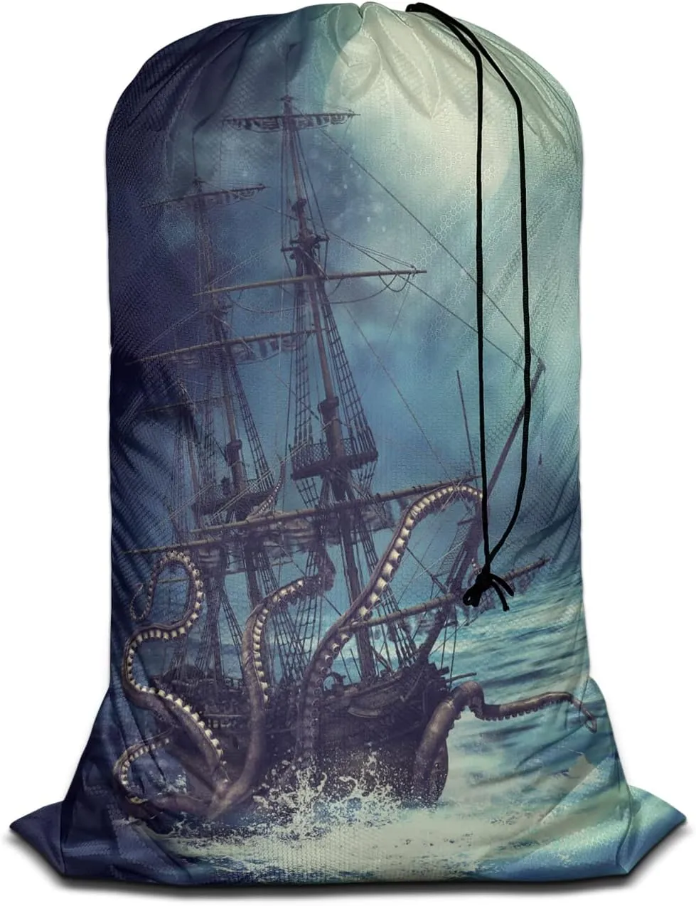 Swono Octopus Drawstring Closure Dirty Clothes Bag Organizer, Heavy Duty Large Laundry Bag, Sailboat Ocean Kraken Night Scene Rip-Stop Bags for Camp Travel, Oxford Cloth Machine Washable, Pirate Ship