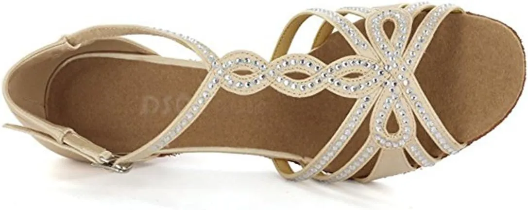 TDA Womens T-strap Peep Toe High Heels Crystals Satin Latin Modern Salsa Tango Ballroom Wedding Dance Shoes