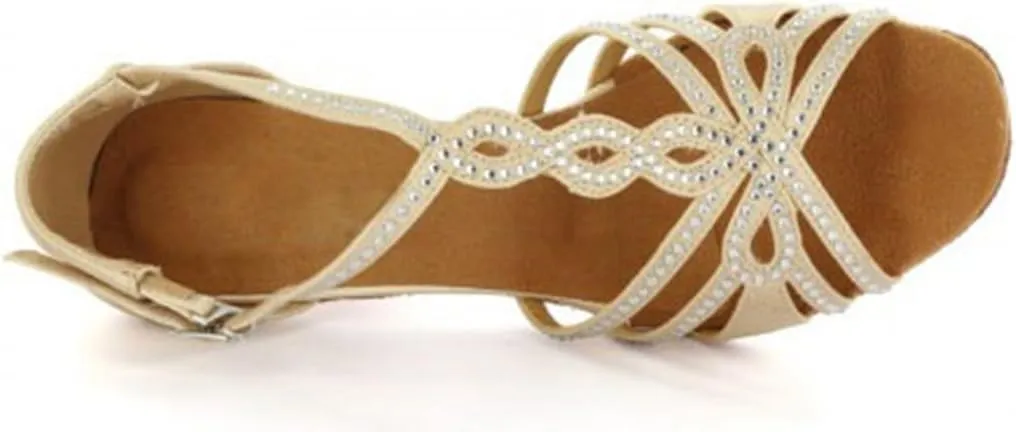 TDA Womens T-strap Peep Toe High Heels Crystals Satin Latin Modern Salsa Tango Ballroom Wedding Dance Shoes