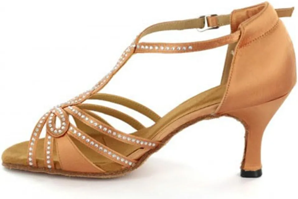 TDA Womens T-strap Peep Toe High Heels Crystals Satin Latin Modern Salsa Tango Ballroom Wedding Dance Shoes