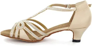 TDA Womens T-strap Peep Toe High Heels Crystals Satin Latin Modern Salsa Tango Ballroom Wedding Dance Shoes