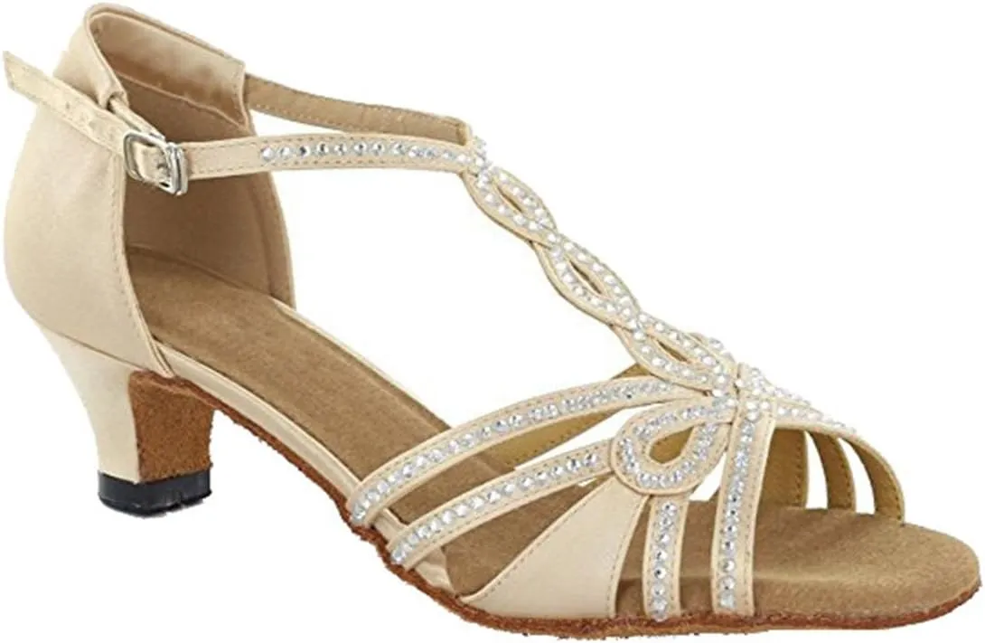 TDA Womens T-strap Peep Toe High Heels Crystals Satin Latin Modern Salsa Tango Ballroom Wedding Dance Shoes
