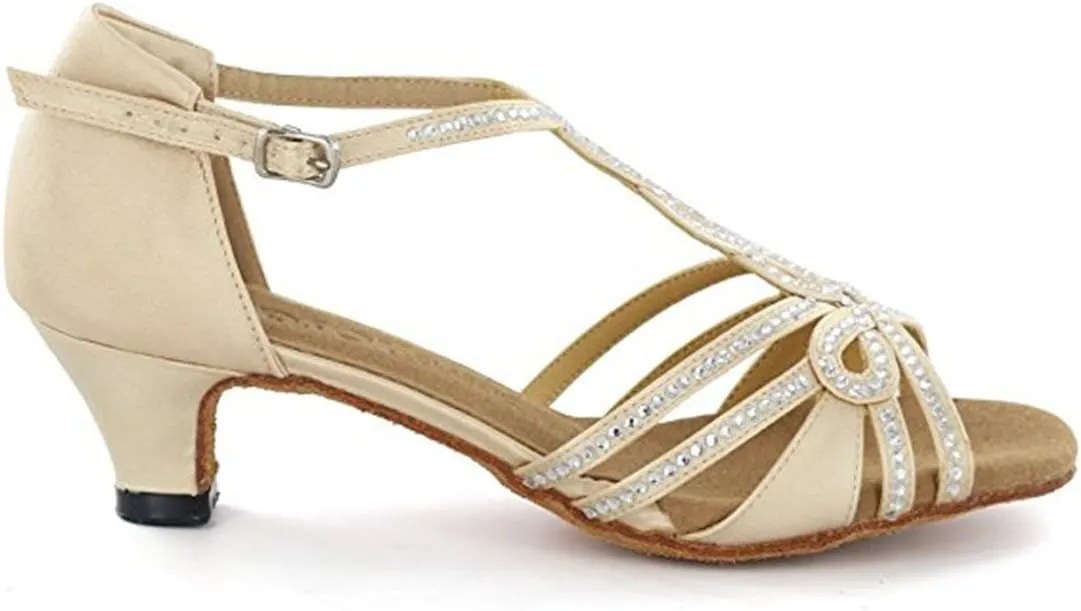 TDA Womens T-strap Peep Toe High Heels Crystals Satin Latin Modern Salsa Tango Ballroom Wedding Dance Shoes