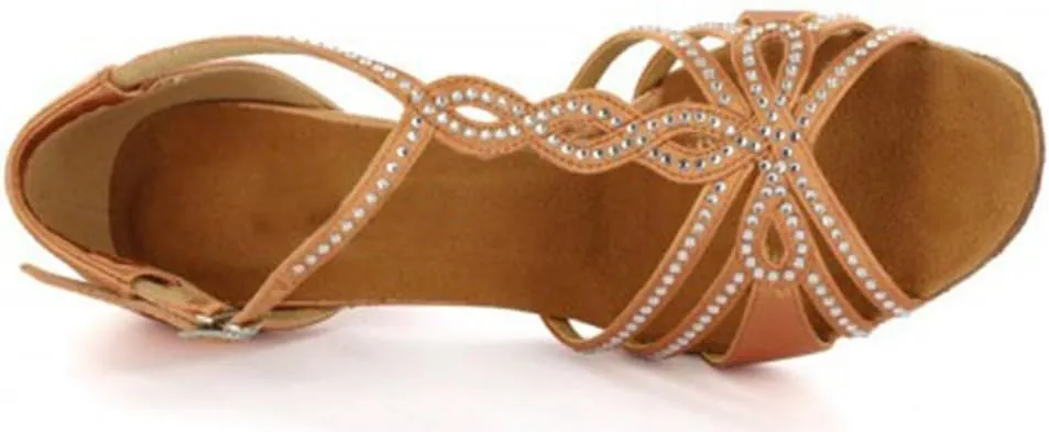 TDA Womens T-strap Peep Toe High Heels Crystals Satin Latin Modern Salsa Tango Ballroom Wedding Dance Shoes