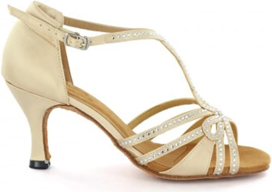 TDA Womens T-strap Peep Toe High Heels Crystals Satin Latin Modern Salsa Tango Ballroom Wedding Dance Shoes