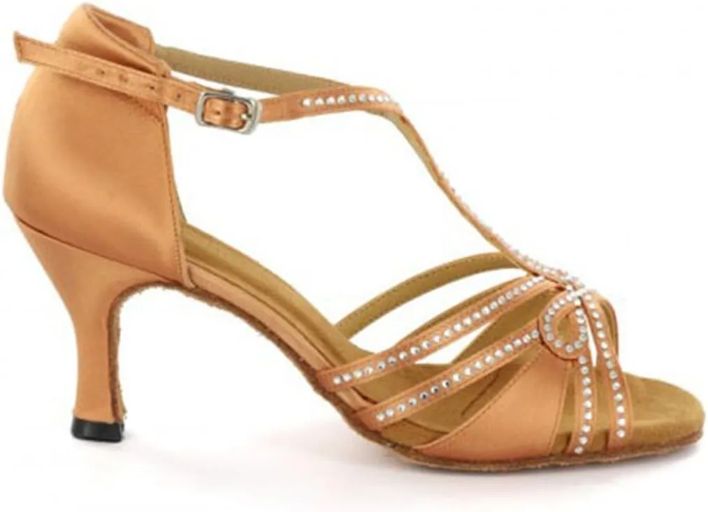 TDA Womens T-strap Peep Toe High Heels Crystals Satin Latin Modern Salsa Tango Ballroom Wedding Dance Shoes