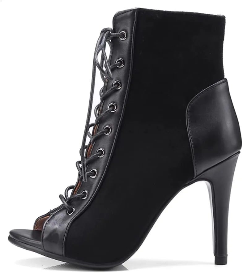 TINRYMX Women Open Toe Dance Ankle Boots Dance Heels Lace-up Latin Salsa Bachata Ballroom Dance Shoes, Model-DSB53