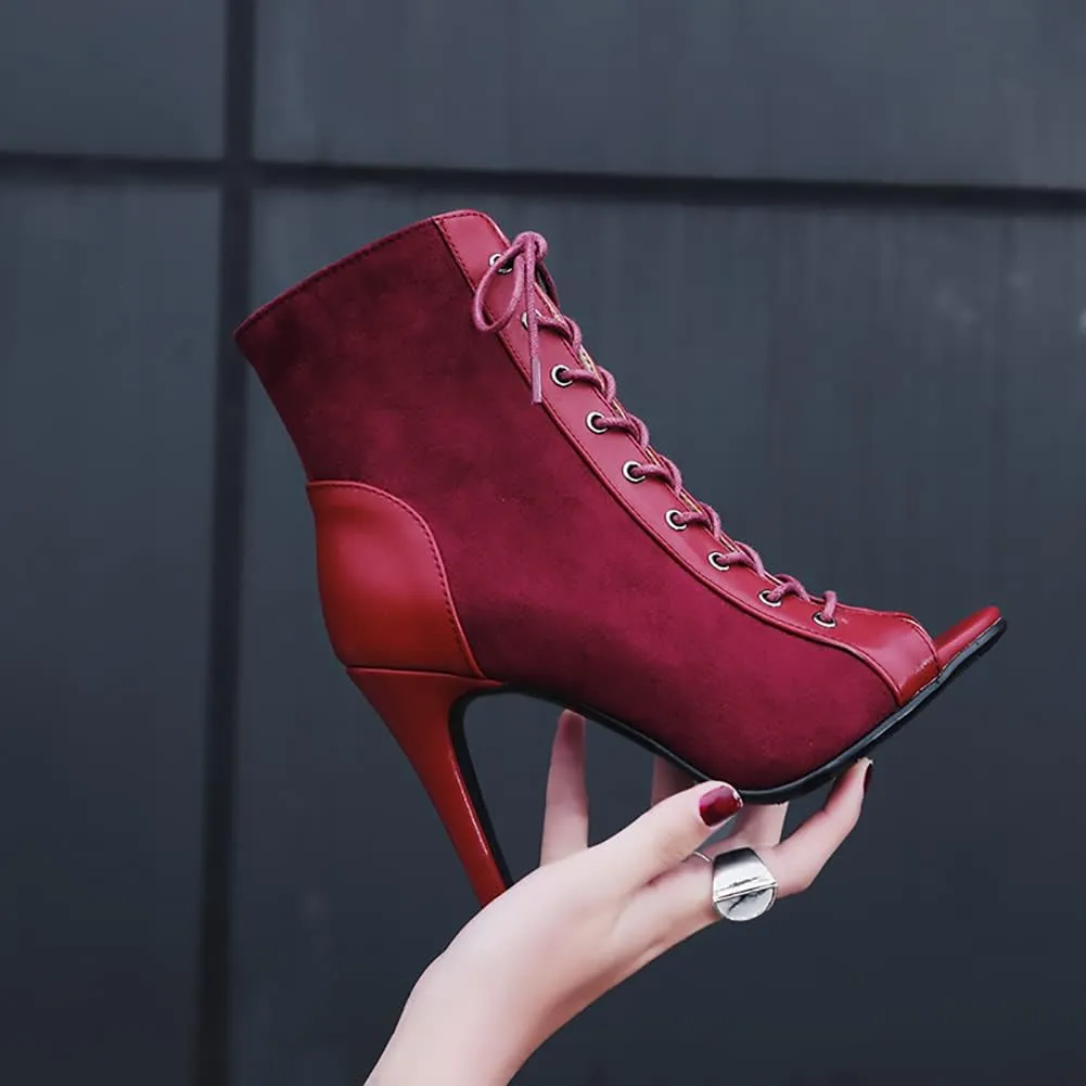 TINRYMX Women Open Toe Dance Ankle Boots Dance Heels Lace-up Latin Salsa Bachata Ballroom Dance Shoes, Model-DSB53