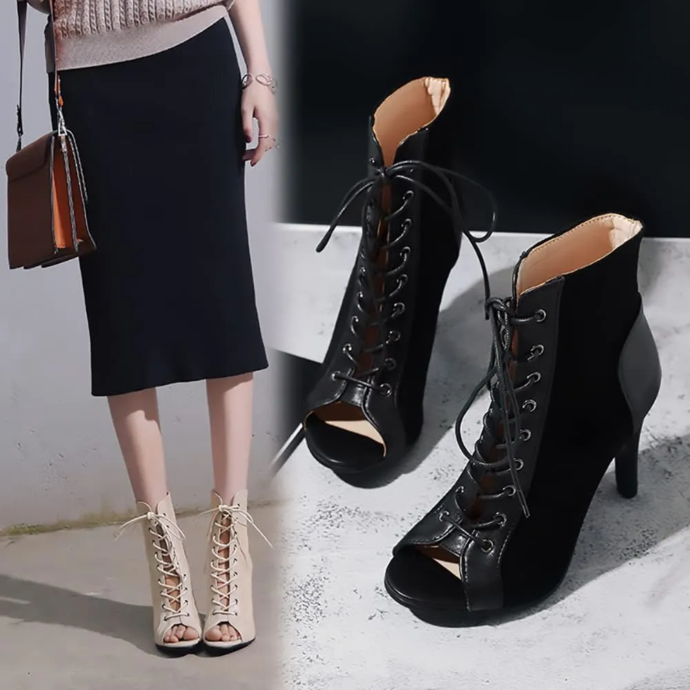 TINRYMX Women Open Toe Dance Ankle Boots Dance Heels Lace-up Latin Salsa Bachata Ballroom Dance Shoes, Model-DSB53