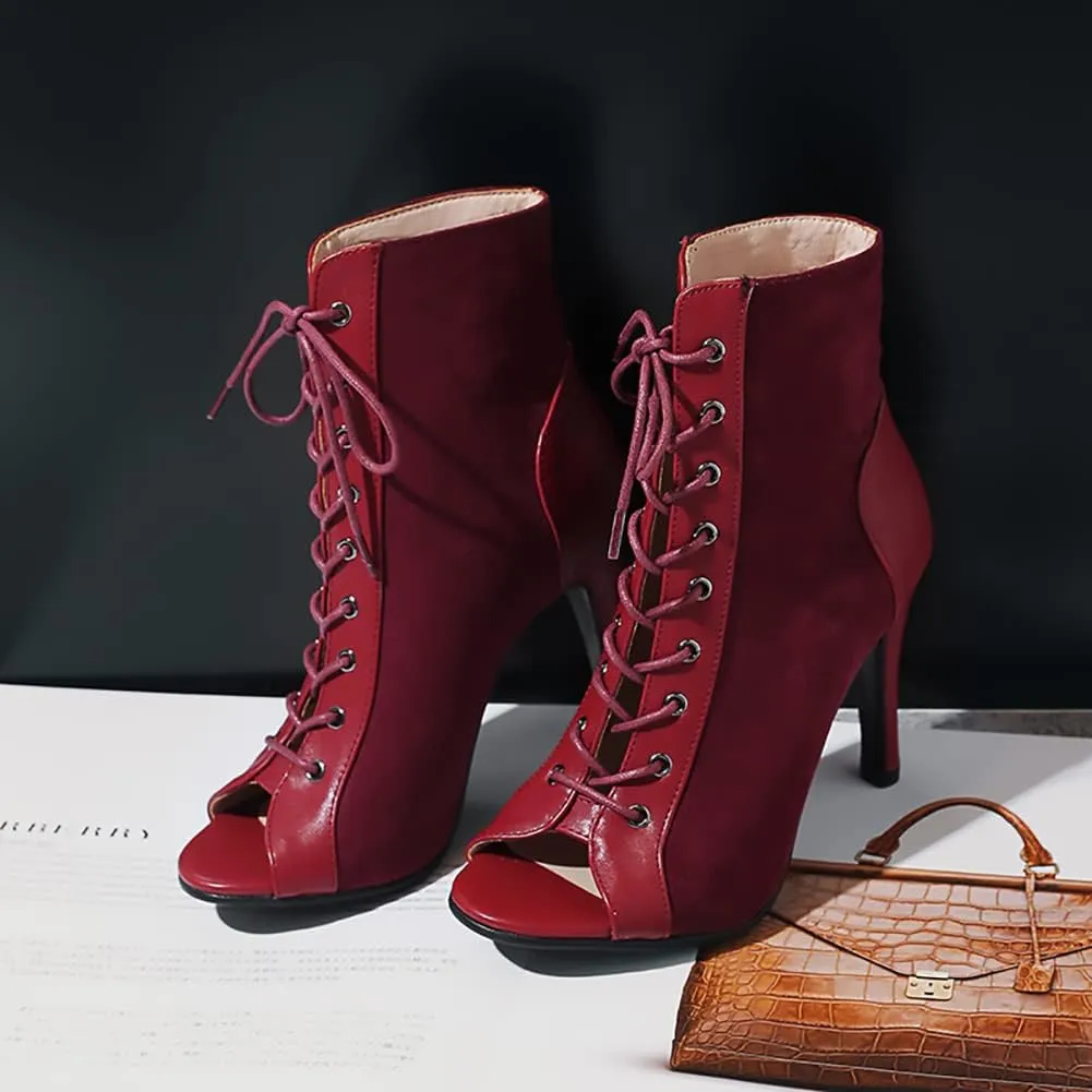 TINRYMX Women Open Toe Dance Ankle Boots Dance Heels Lace-up Latin Salsa Bachata Ballroom Dance Shoes, Model-DSB53
