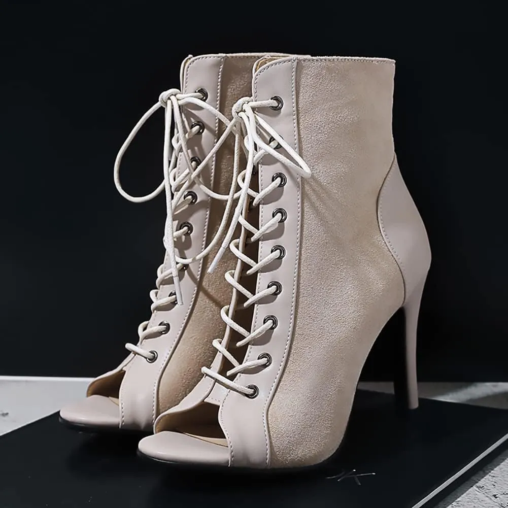 TINRYMX Women Open Toe Dance Ankle Boots Dance Heels Lace-up Latin Salsa Bachata Ballroom Dance Shoes, Model-DSB53