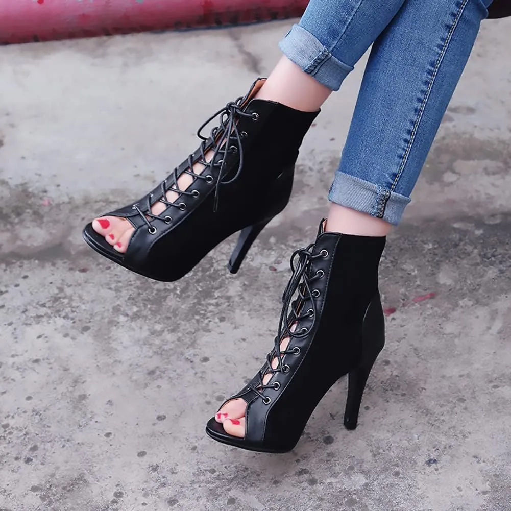 TINRYMX Women Open Toe Dance Ankle Boots Dance Heels Lace-up Latin Salsa Bachata Ballroom Dance Shoes, Model-DSB53