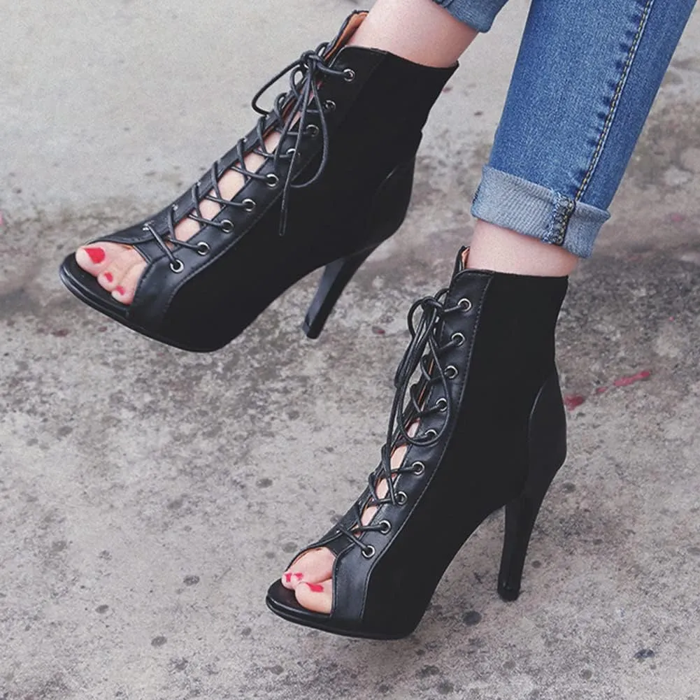 TINRYMX Women Open Toe Dance Ankle Boots Dance Heels Lace-up Latin Salsa Bachata Ballroom Dance Shoes, Model-DSB53