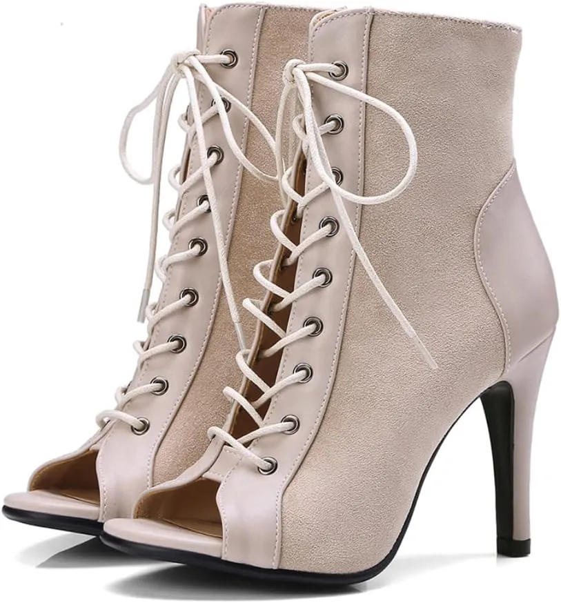 TINRYMX Women Open Toe Dance Ankle Boots Dance Heels Lace-up Latin Salsa Bachata Ballroom Dance Shoes, Model-DSB53