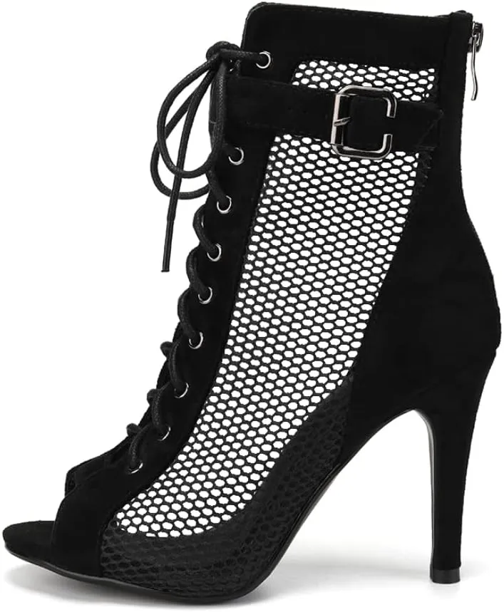 TINRYMX Women Open Toe Dance Ankle Boots Dance Heels Lace-up Latin Salsa Bachata Ballroom Dance Shoes,Model-DSK92