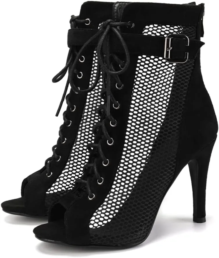 TINRYMX Women Open Toe Dance Ankle Boots Dance Heels Lace-up Latin Salsa Bachata Ballroom Dance Shoes,Model-DSK92
