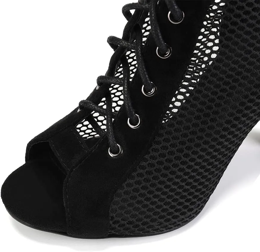 TINRYMX Women Open Toe Dance Ankle Boots Dance Heels Lace-up Latin Salsa Bachata Ballroom Dance Shoes,Model-DSK92