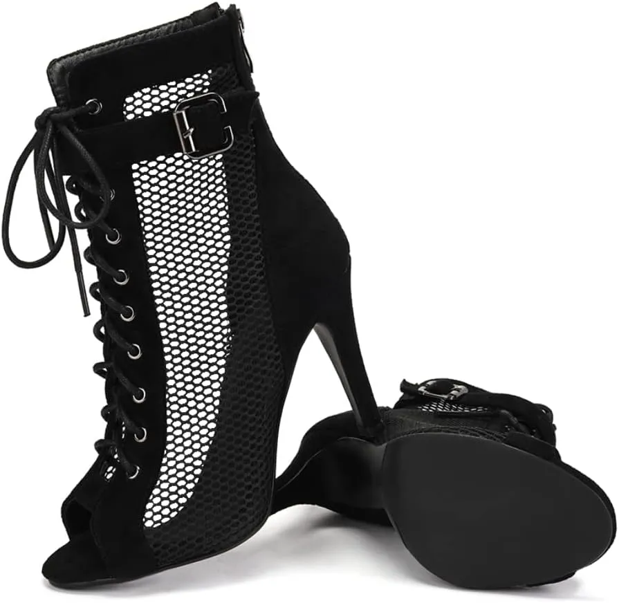 TINRYMX Women Open Toe Dance Ankle Boots Dance Heels Lace-up Latin Salsa Bachata Ballroom Dance Shoes,Model-DSK92