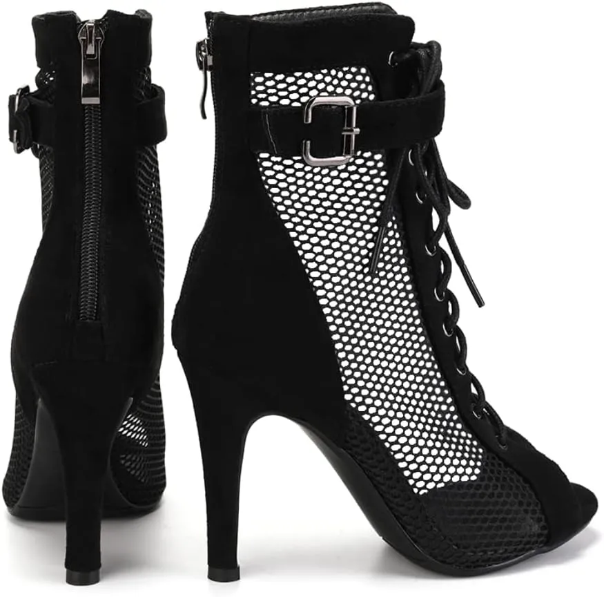 TINRYMX Women Open Toe Dance Ankle Boots Dance Heels Lace-up Latin Salsa Bachata Ballroom Dance Shoes,Model-DSK92