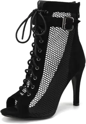 TINRYMX Women Open Toe Dance Ankle Boots Dance Heels Lace-up Latin Salsa Bachata Ballroom Dance Shoes,Model-DSK92