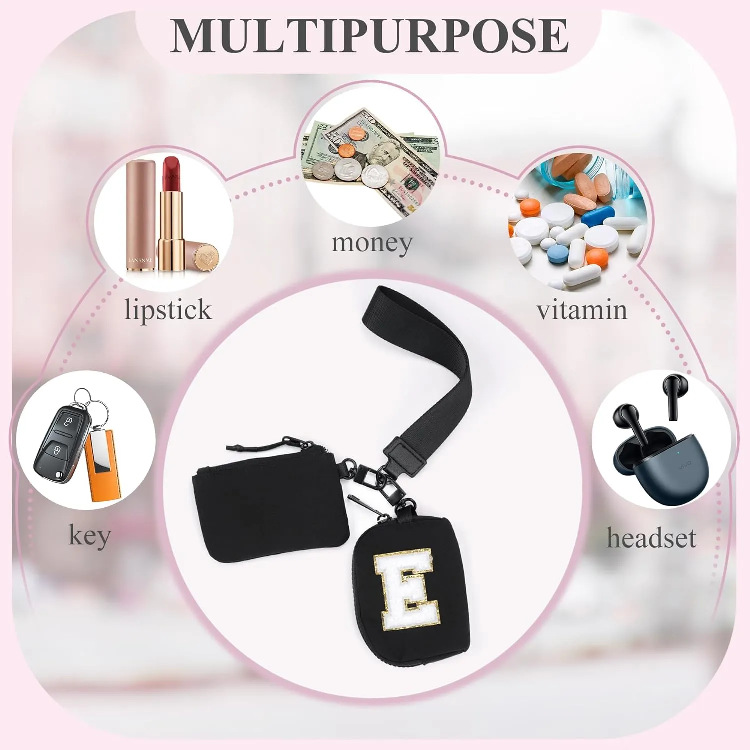 Titosha Initial Dual Pouch Wristlet Keychain Mini Zip Around Wristlet Wallet Coin Purse for Women