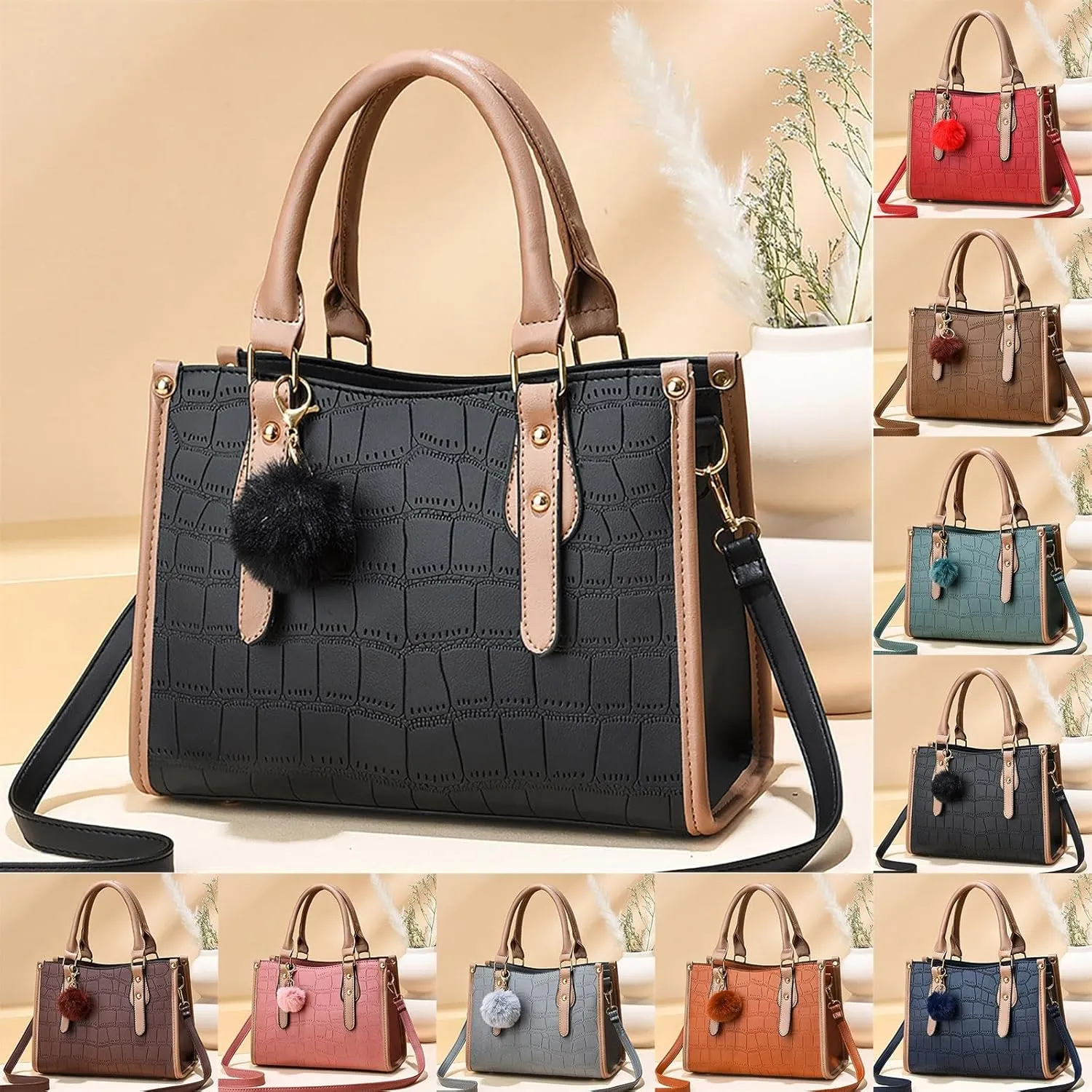 Tote Bag For Women Leather Furry Handbags Ladies Purse Satchel Shoulder Bags For Work Shopping Travel