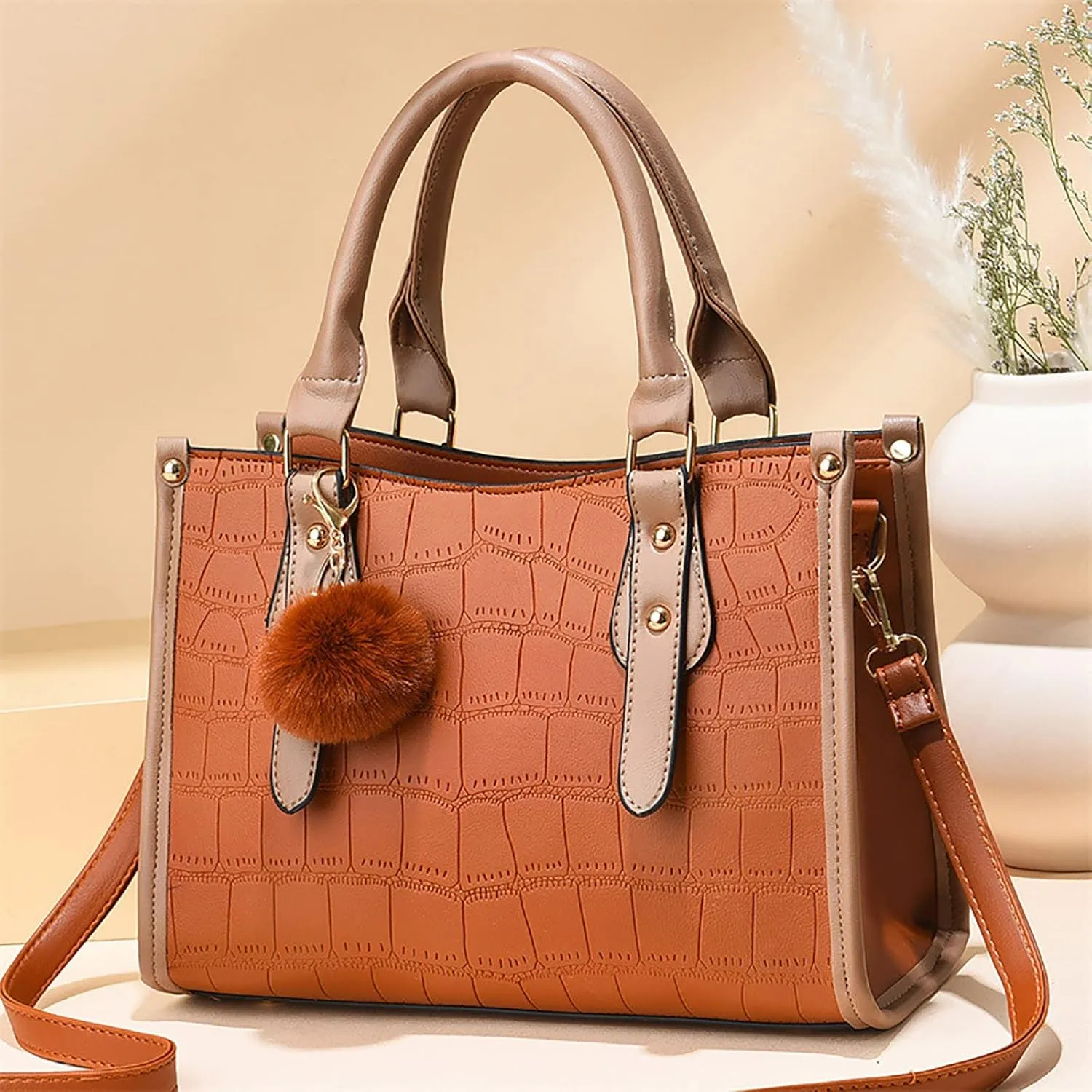 Tote Bag For Women Leather Furry Handbags Ladies Purse Satchel Shoulder Bags For Work Shopping Travel