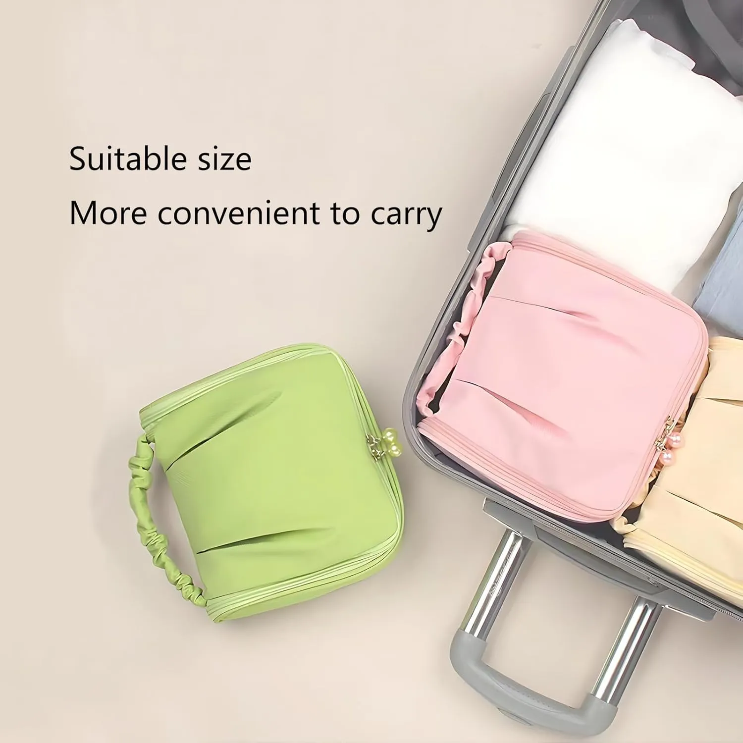 Travel Toiletry Bag with Hanging Hook, Lightweight and Portable Cosmetic Bag for Women, Small Makeup Bag for travelling Beige