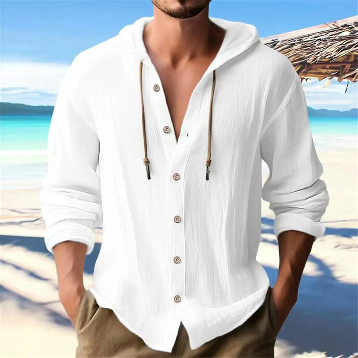 Tshirts for Men Cotton Linen Button Up Hoodies Loose Solid Pullovers Long Sleeve Casual Spring Hooded Blouses Tops