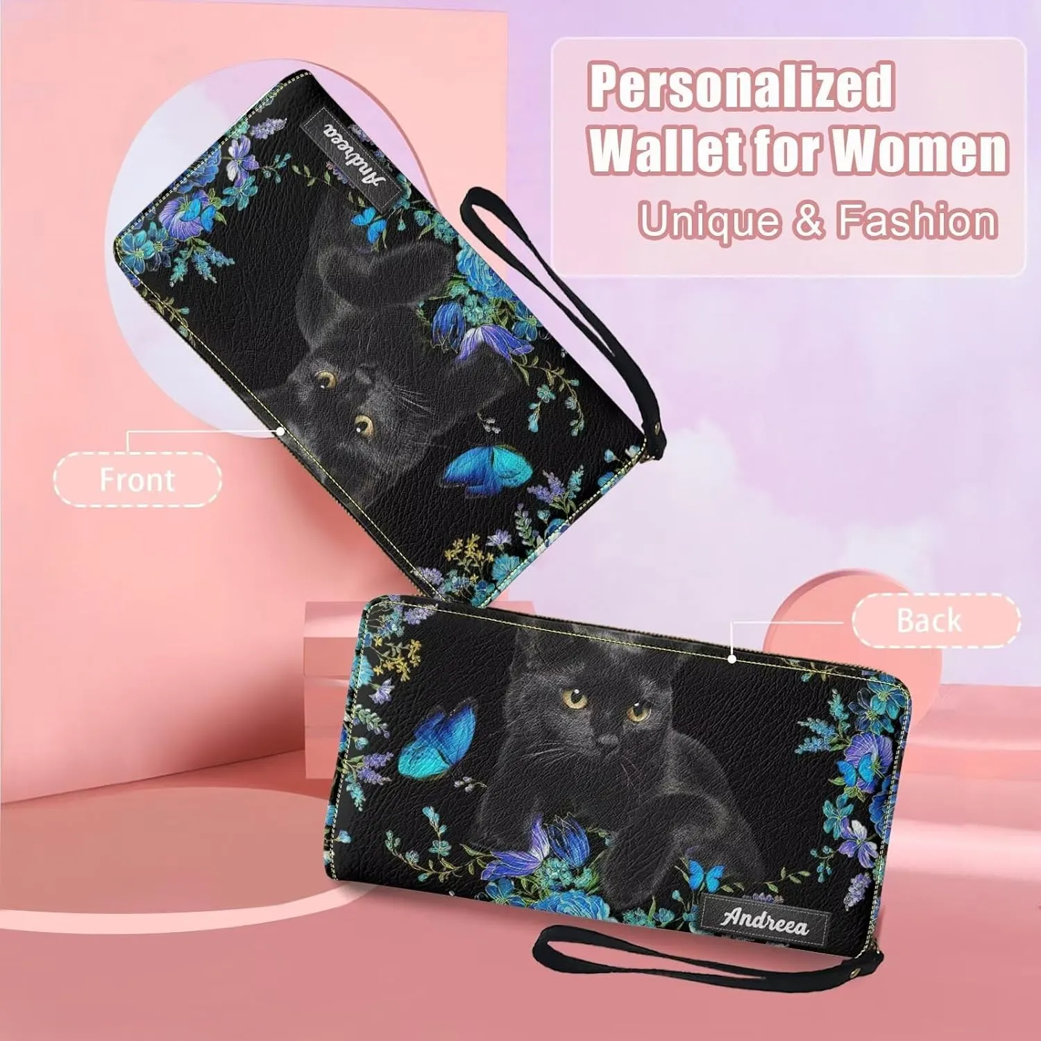 Tuoxiukan Custom Wallet For Women with Card Holder Personalized Name Wristlet Wallet Black Cat Purses Long Wallets Cash Credit Card Clutch Purse Customizable Gifts for Mom Teachers Friends Sister