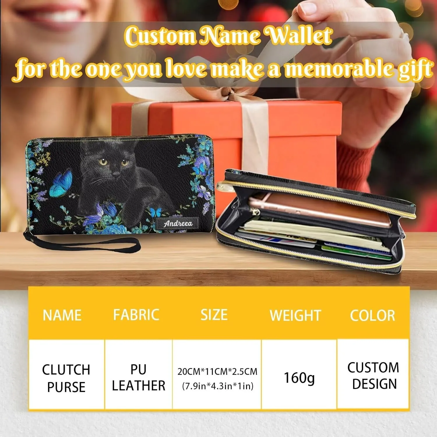 Tuoxiukan Custom Wallet For Women with Card Holder Personalized Name Wristlet Wallet Black Cat Purses Long Wallets Cash Credit Card Clutch Purse Customizable Gifts for Mom Teachers Friends Sister