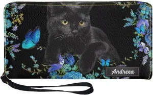 Tuoxiukan Custom Wallet For Women with Card Holder Personalized Name Wristlet Wallet Black Cat Purses Long Wallets Cash Credit Card Clutch Purse Customizable Gifts for Mom Teachers Friends Sister