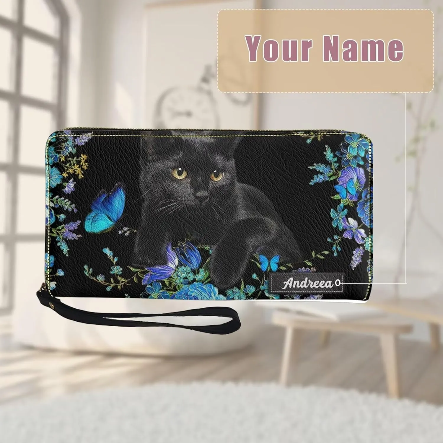 Tuoxiukan Custom Wallet For Women with Card Holder Personalized Name Wristlet Wallet Black Cat Purses Long Wallets Cash Credit Card Clutch Purse Customizable Gifts for Mom Teachers Friends Sister