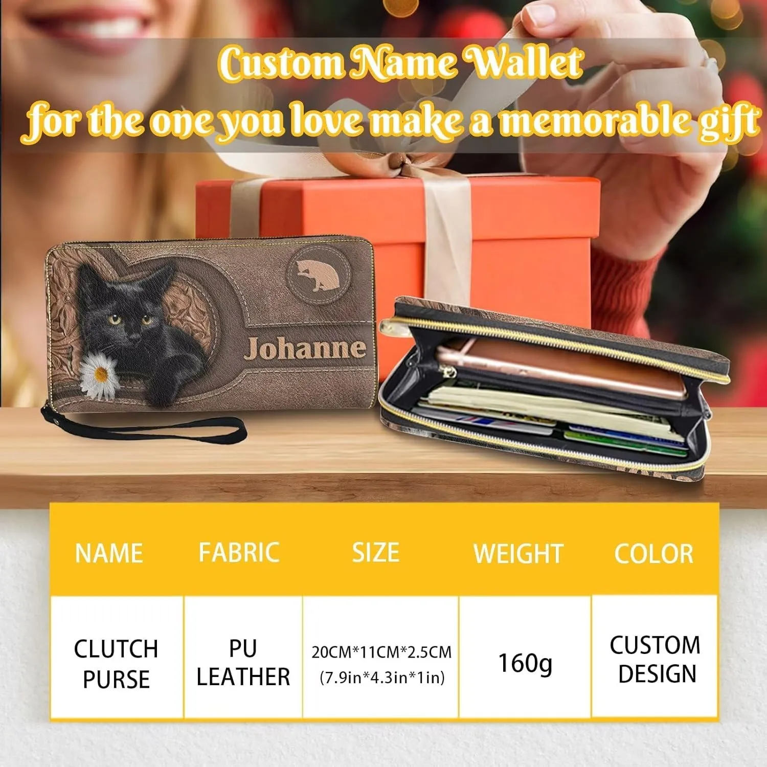 Tuoxiukan Personalized Cat Wallet for Women Customizable Small Womens Wallet PU Leather Long Wristlet Wallets with Zipper Custom Birthday Christmas Gifts for Mom Dad Son Daughter