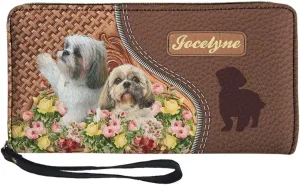 Tuoxiukan Personalized Wallets for Women Floral Shih Tzu Wallet Purse with Wristlet Custom Name Wallets Zipper Clutch Card Organizer Cash Coin Pouch Handbags for Mom Pu Leather Phone Case