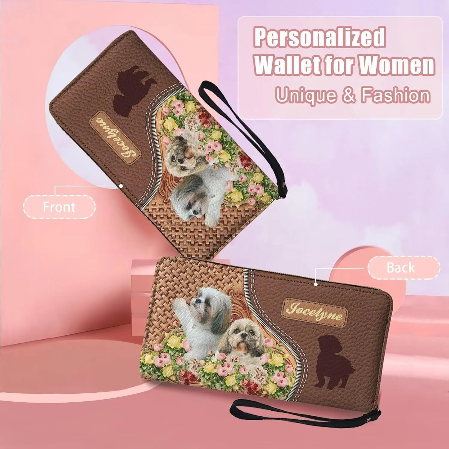 Tuoxiukan Personalized Wallets for Women Floral Shih Tzu Wallet Purse with Wristlet Custom Name Wallets Zipper Clutch Card Organizer Cash Coin Pouch Handbags for Mom Pu Leather Phone Case