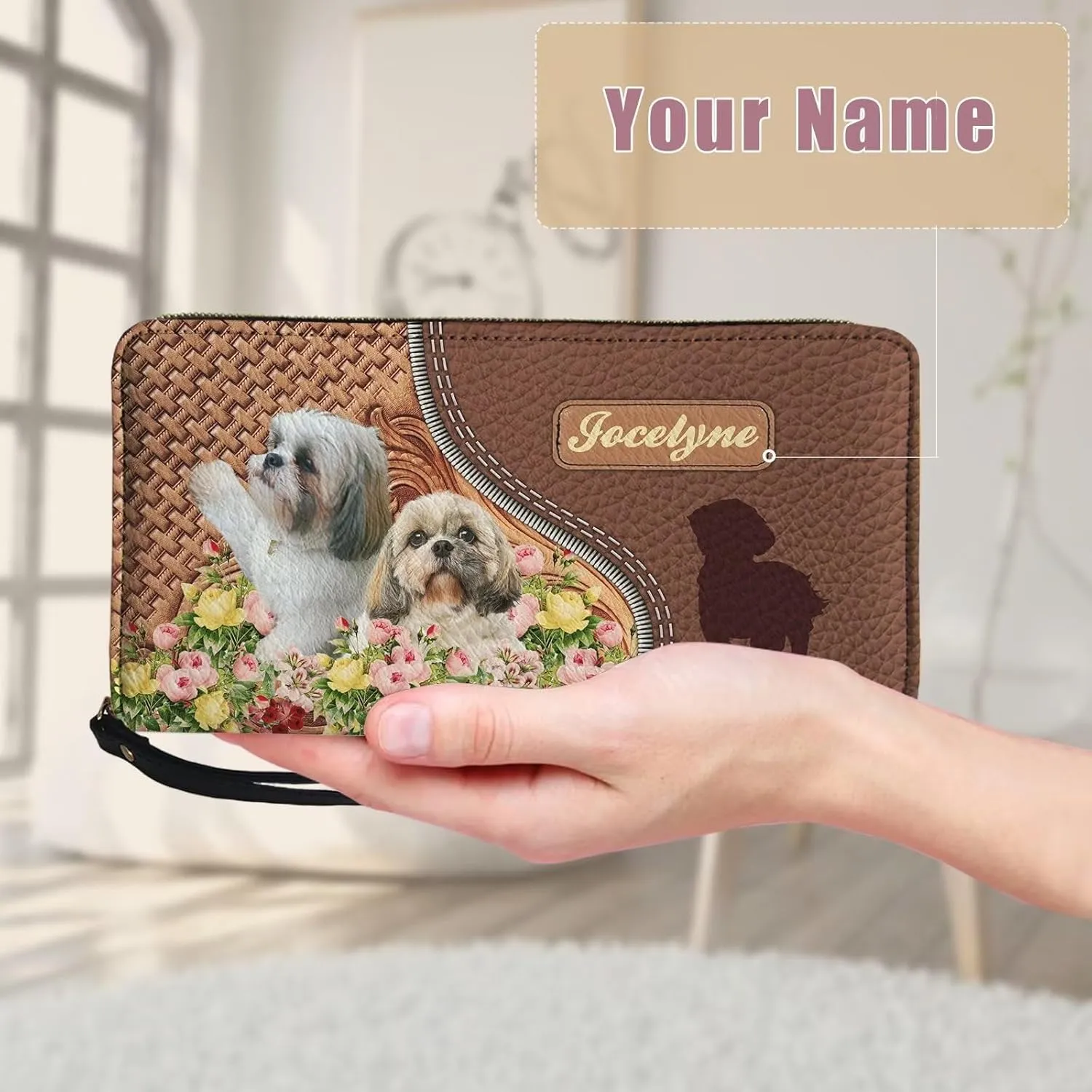 Tuoxiukan Personalized Wallets for Women Floral Shih Tzu Wallet Purse with Wristlet Custom Name Wallets Zipper Clutch Card Organizer Cash Coin Pouch Handbags for Mom Pu Leather Phone Case