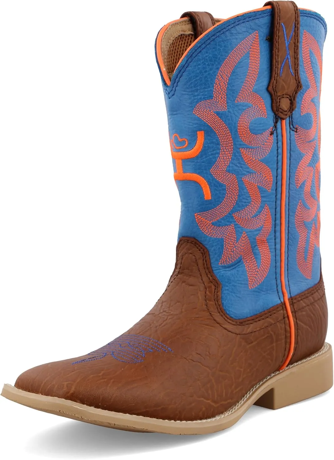 Twisted X Kid's Hooey Boot, New Wide Square Toe, Cognac Bullhide & Neon Blue (M 1-6), 5.5 M