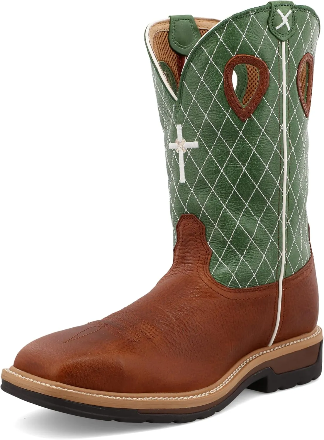 Twisted X Men's 12" Western Work Boot, Square Toe Steel Toe, Cognac Glazed Pebble & Lime, 8.5 D