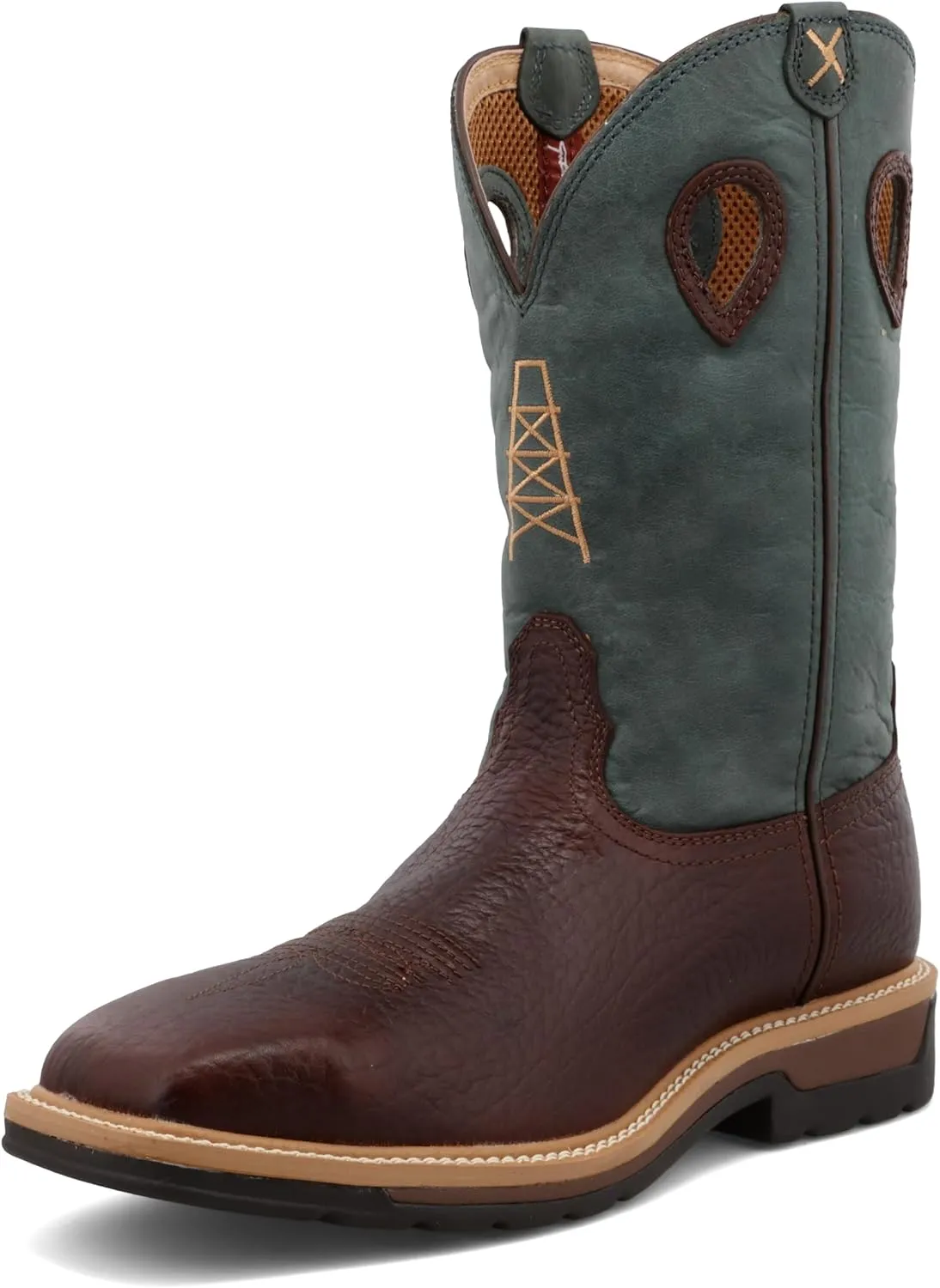 Twisted X Men's 12" Western Work Boot, Square Toe Steel Toe, Oiled Cognac & Blue, 8.5 EE