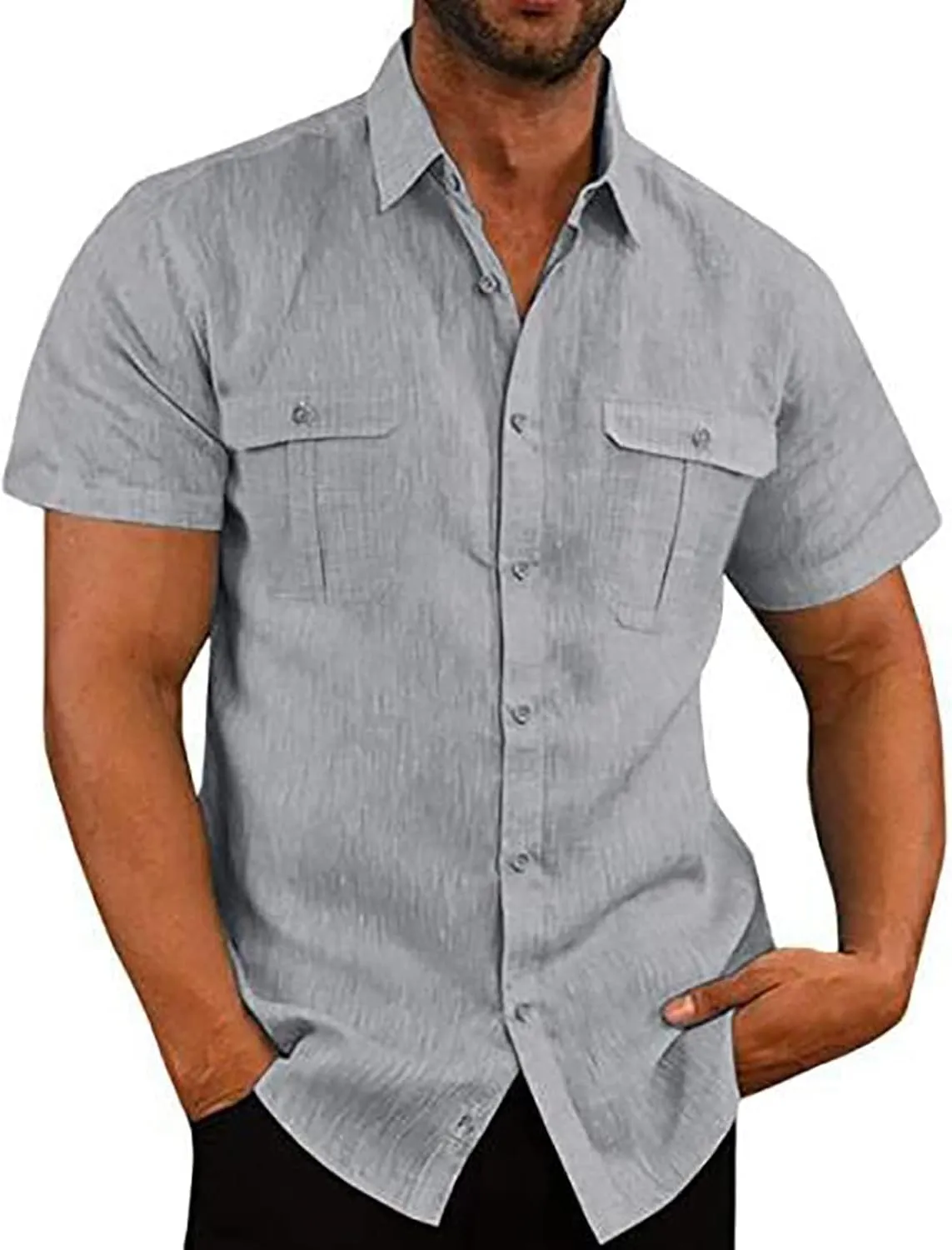 Uillui Cotton Linen Shirts Mens Short Sleeve Shirt Casual Lightweight Button Down Dress Shirts Vacation Beach Fishing Shirts