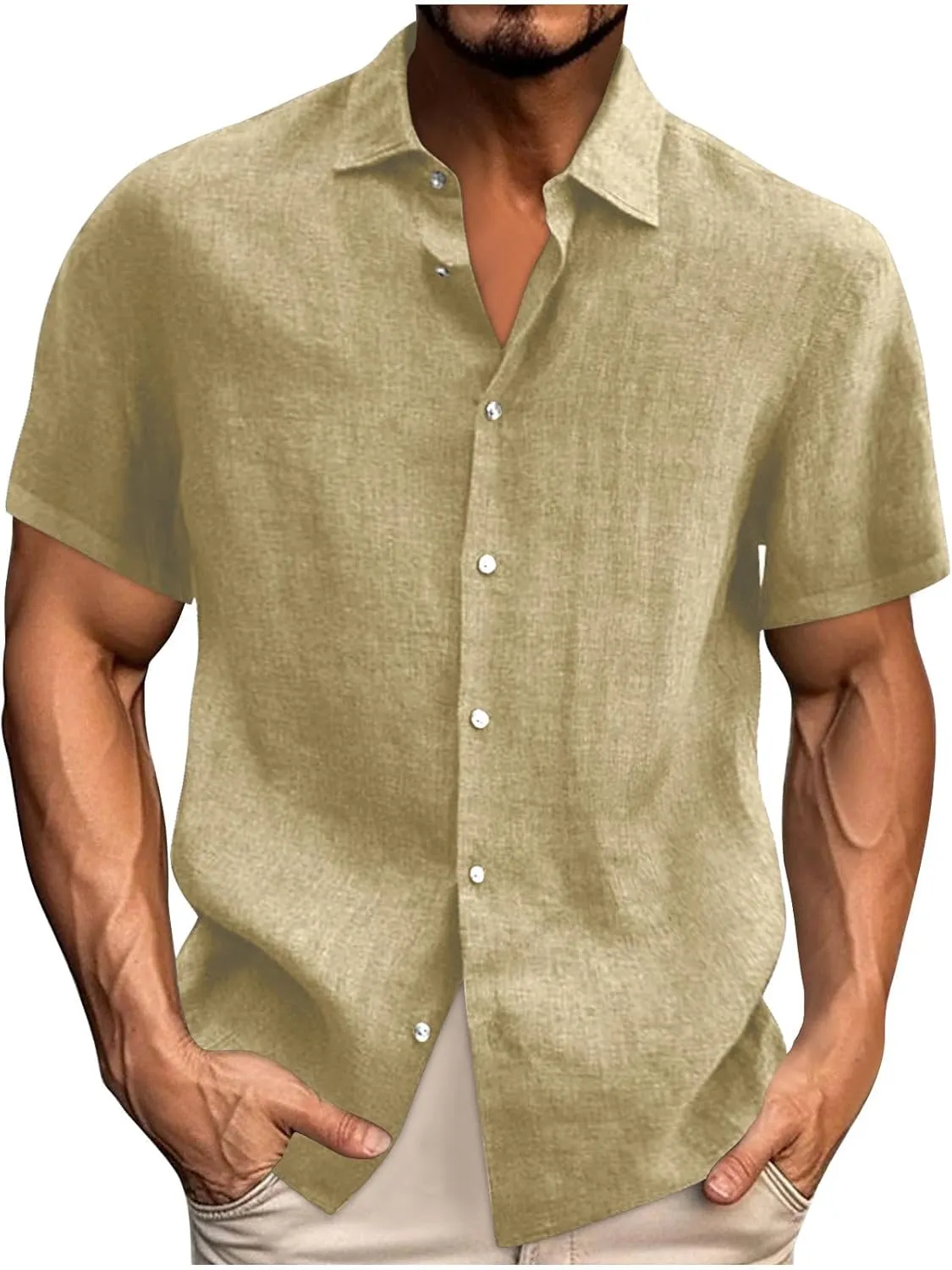 Uillui Mens Cotton Linen Tshirt Shirts Casual Work Dress Short Sleeve Button Down Shirts Summer Hawaiian Beach Cuban Shirt