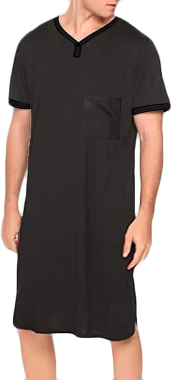 Uillui Men's Soft Nightshirt Robe Short Sleeve Nightgown Henley Sleep Shirts Nightwear for Sleeping Loose V Neck Nightshirts