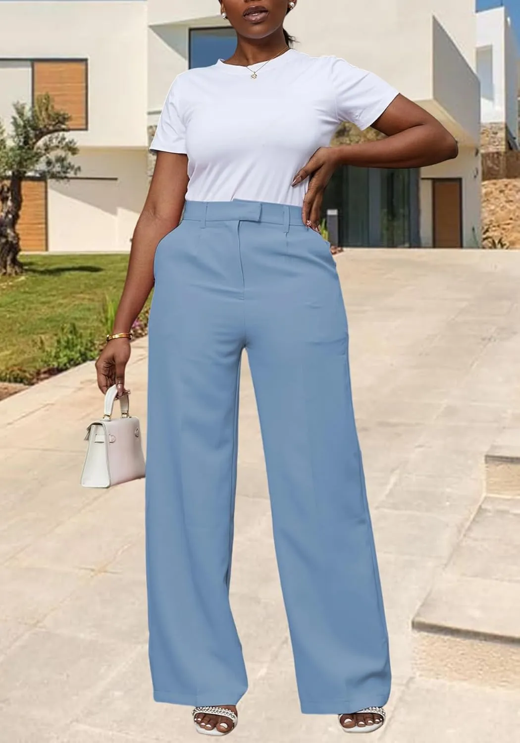 Unybwonn Women Wide Leg Dress Pants High Waisted Straight Leg Business Slacks Work Pants Casual Button Down Trousers
