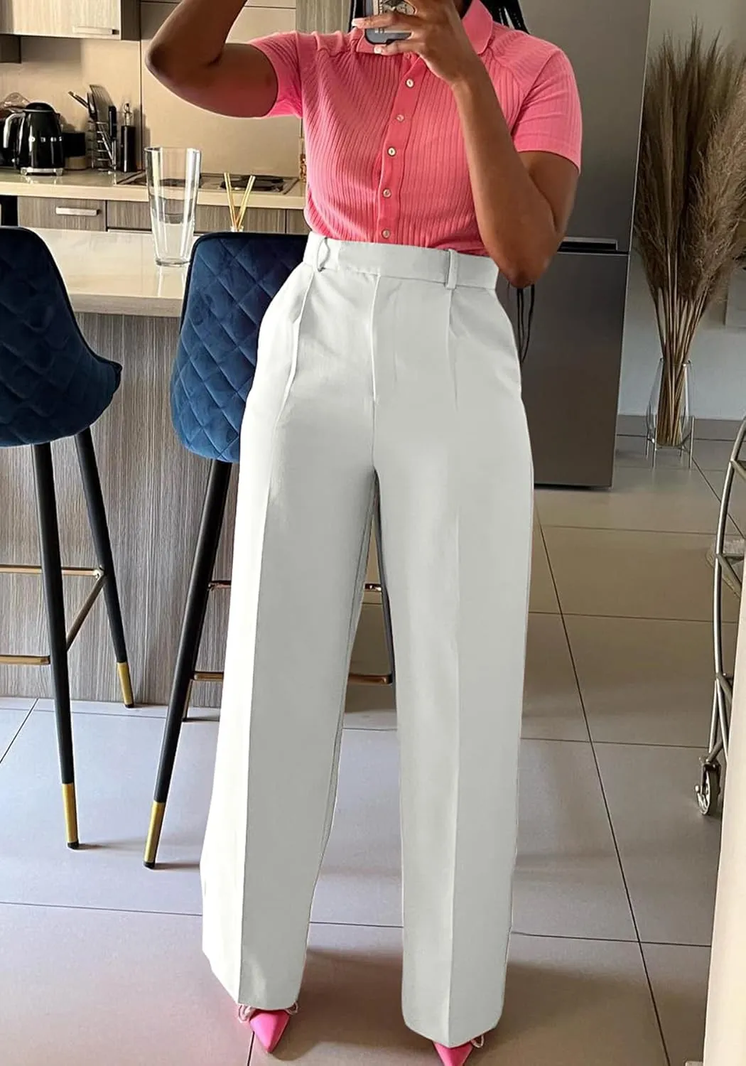 Unybwonn Women Wide Leg Dress Pants High Waisted Straight Leg Business Slacks Work Pants Casual Button Down Trousers
